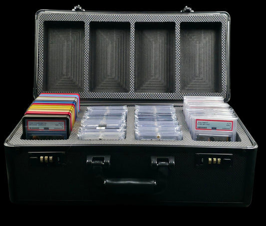 GOATcase APEX 4-Row Black Diamond case displaying graded cards