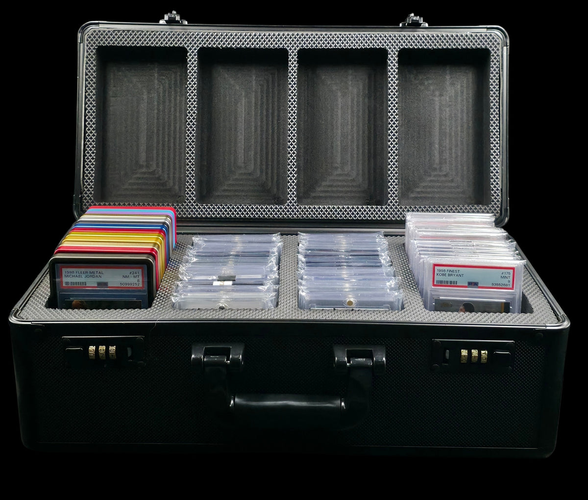 GOATcase APEX 4-Row Black Diamond case displaying graded cards